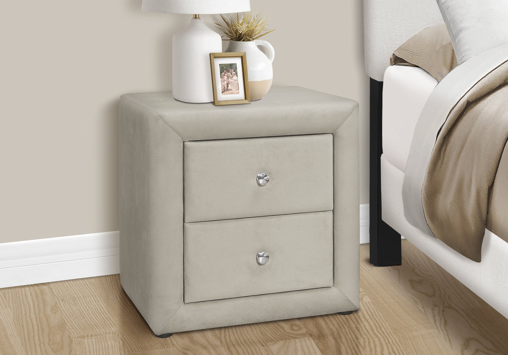 Upholstered Nightstand Grey Leather-Look 2-Drawer-Nighstand-DECOROLALA