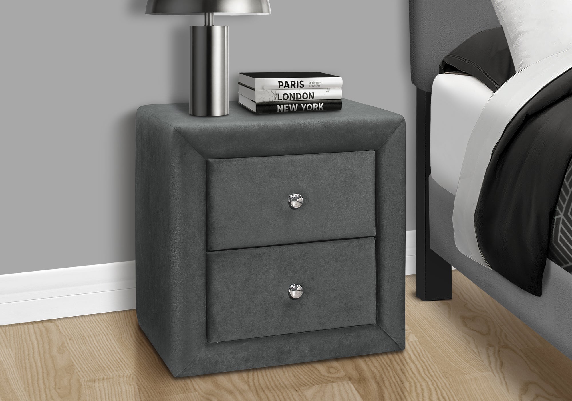Upholstered Nightstand Grey Leather-Look 2-Drawer-Nighstand-DECOROLALA
