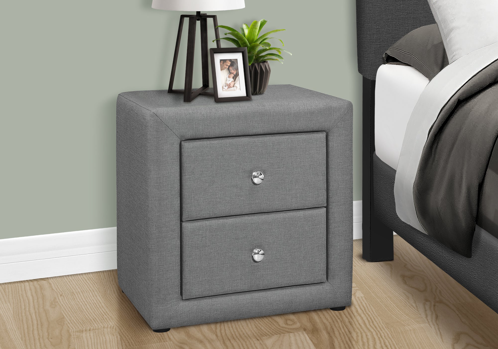 Upholstered Nightstand Grey Leather-Look 2-Drawer-Nighstand-DECOROLALA