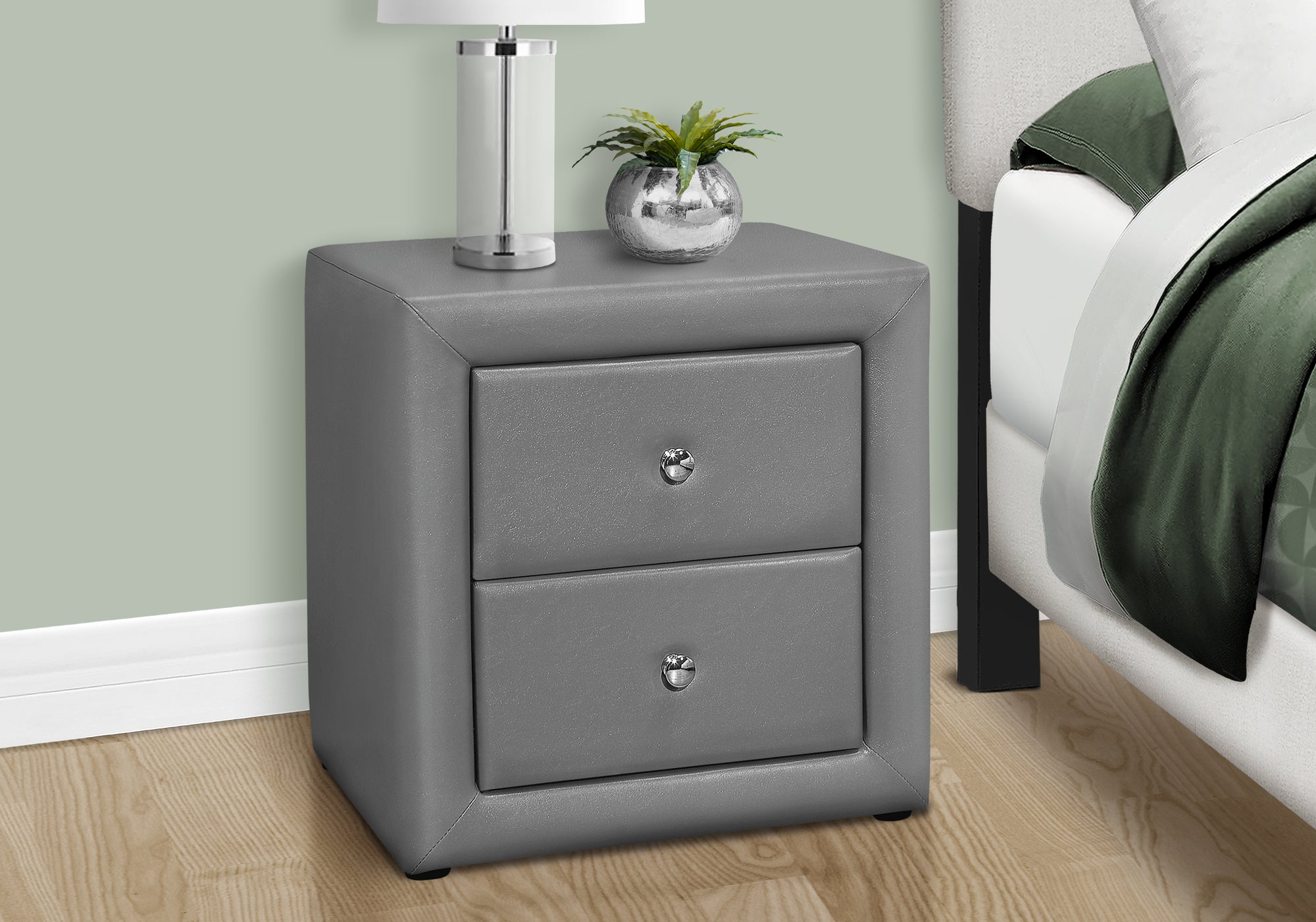 Upholstered Nightstand Grey Leather-Look 2-Drawer-Nighstand-DECOROLALA