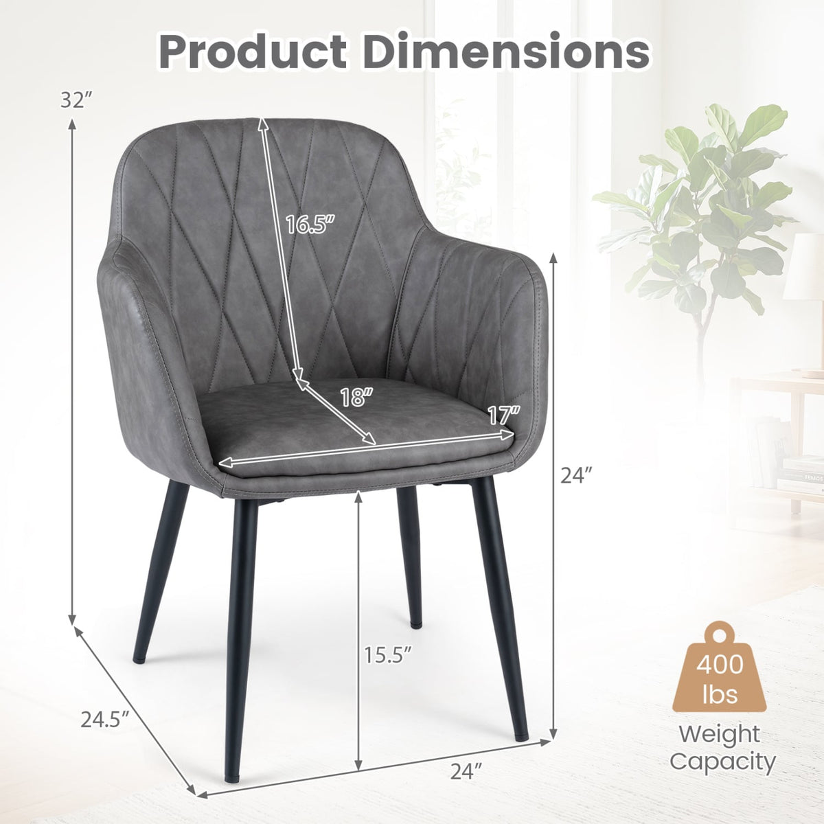 Upholstered PU Leather Kitchen Chairs Set of 2 with Curved Back and Wide Seat-Gray-Dining Chairs-DECOROLALA