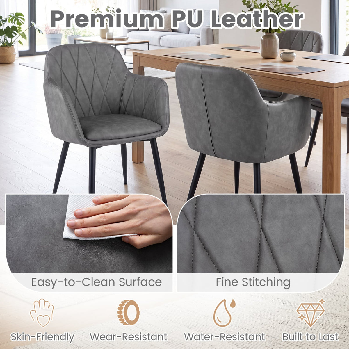 Upholstered PU Leather Kitchen Chairs Set of 2 with Curved Back and Wide Seat-Gray-Dining Chairs-DECOROLALA