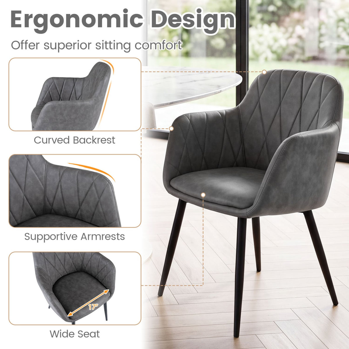 Upholstered PU Leather Kitchen Chairs Set of 2 with Curved Back and Wide Seat-Gray-Dining Chairs-DECOROLALA