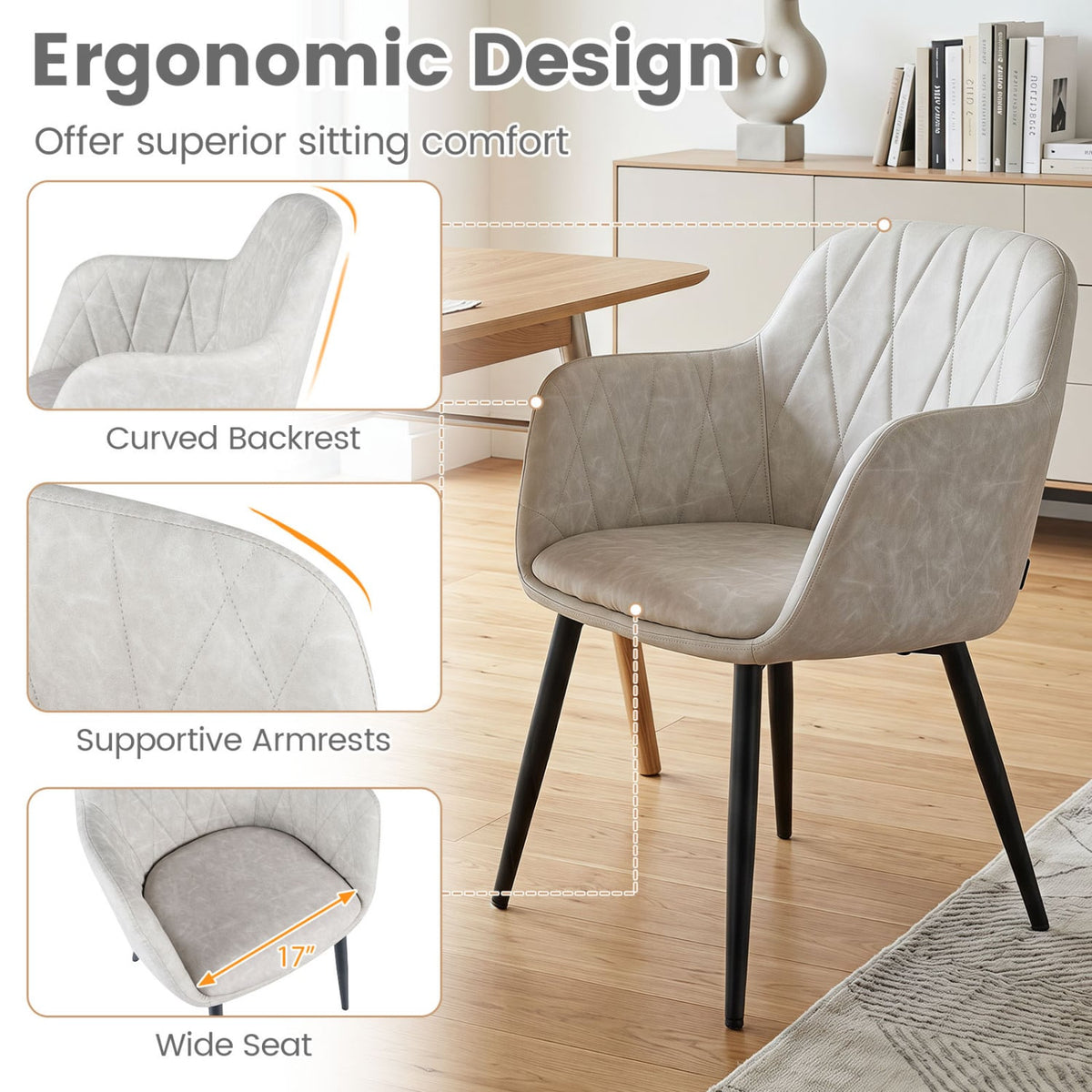 Upholstered PU Leather Kitchen Chairs Set of 2 with Curved Back and Wide Seat-White-Dining Chairs-DECOROLALA