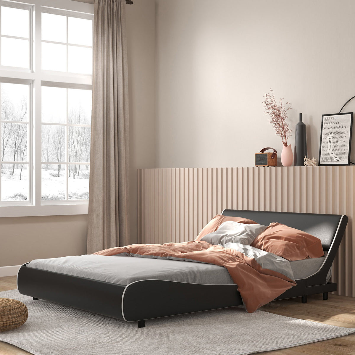 Upholstered Platform Bed Frame Low Profile Faux Leather with Curved Headboard-Full Size-Simple Bed Frame-DECOROLALA