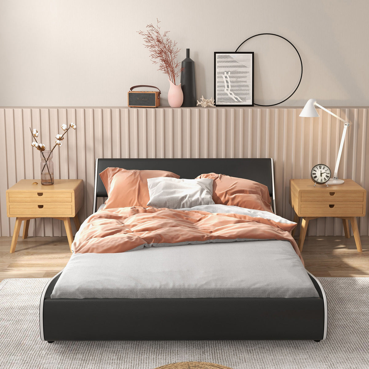 Upholstered Platform Bed Frame Low Profile Faux Leather with Curved Headboard-Full Size-Simple Bed Frame-DECOROLALA