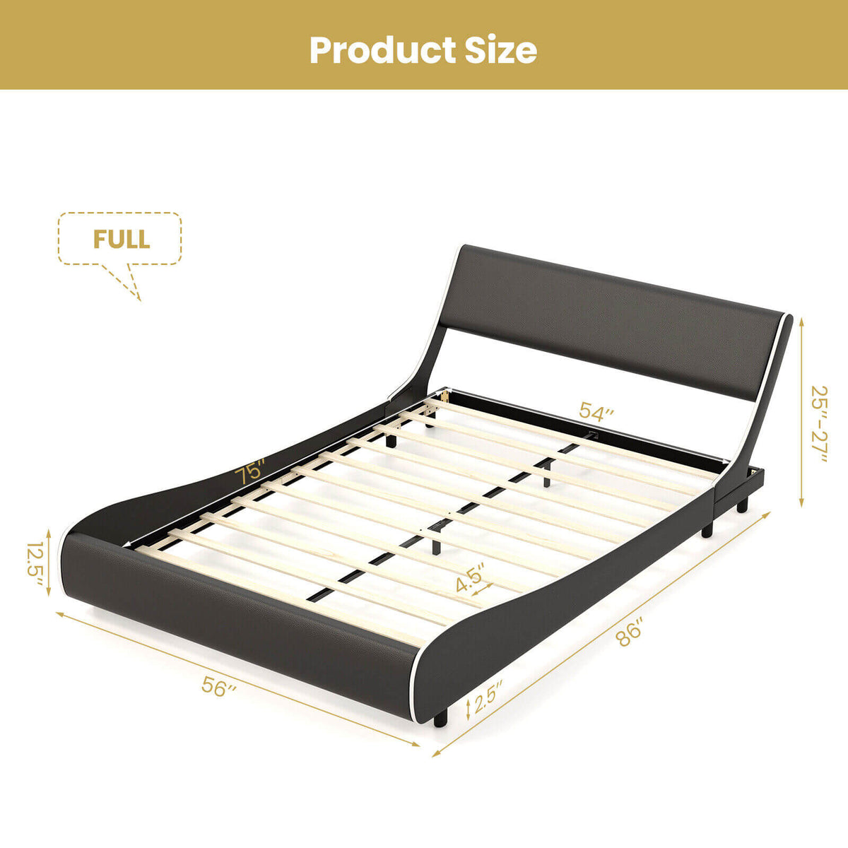 Upholstered Platform Bed Frame Low Profile Faux Leather with Curved Headboard-Full Size-Simple Bed Frame-DECOROLALA