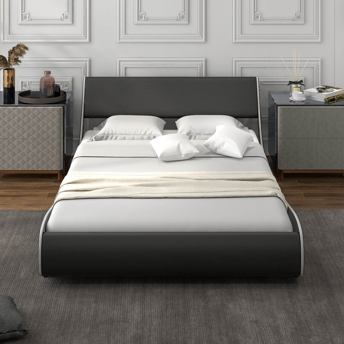 Upholstered Platform Bed Frame Low Profile Faux Leather with Curved Headboard-Full Size-Simple Bed Frame-DECOROLALA