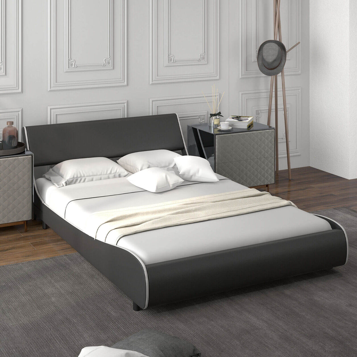 Upholstered Platform Bed Frame Low Profile Faux Leather with Curved Headboard-Full Size-Simple Bed Frame-DECOROLALA