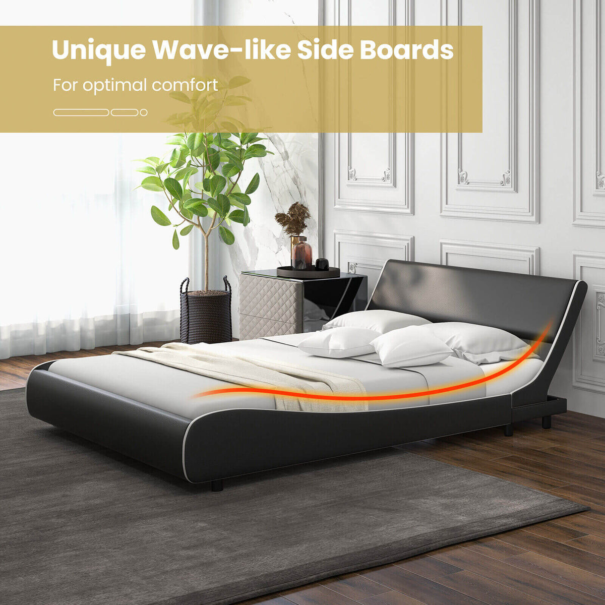 Upholstered Platform Bed Frame Low Profile Faux Leather with Curved Headboard-Full Size-Simple Bed Frame-DECOROLALA
