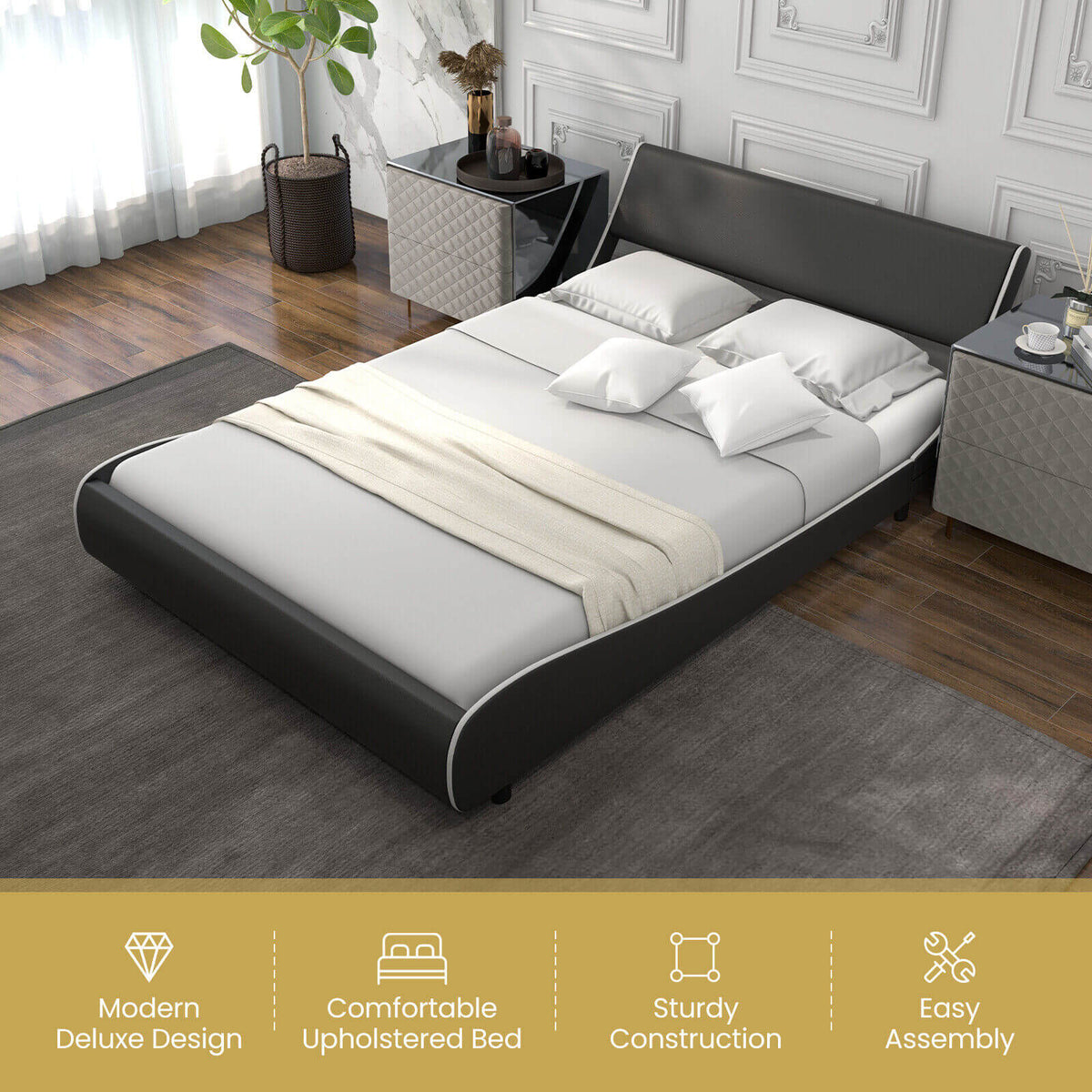 Upholstered Platform Bed Frame Low Profile Faux Leather with Curved Headboard-Full Size-Simple Bed Frame-DECOROLALA