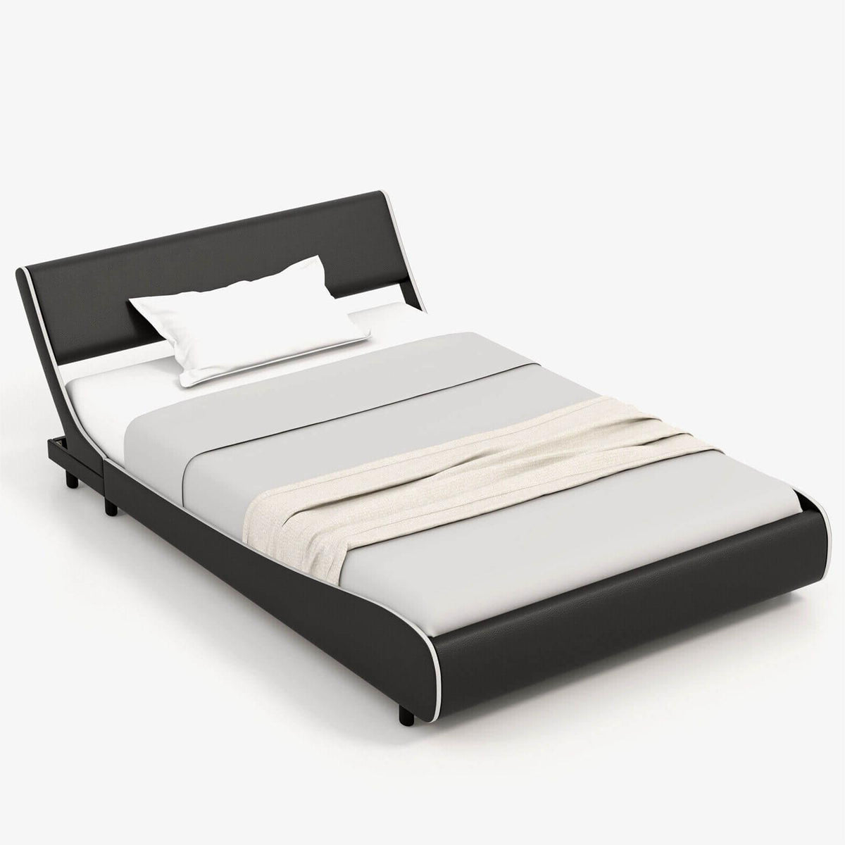 Upholstered Platform Bed Frame Low Profile Faux Leather with Curved Headboard-Full Size-Simple Bed Frame-DECOROLALA