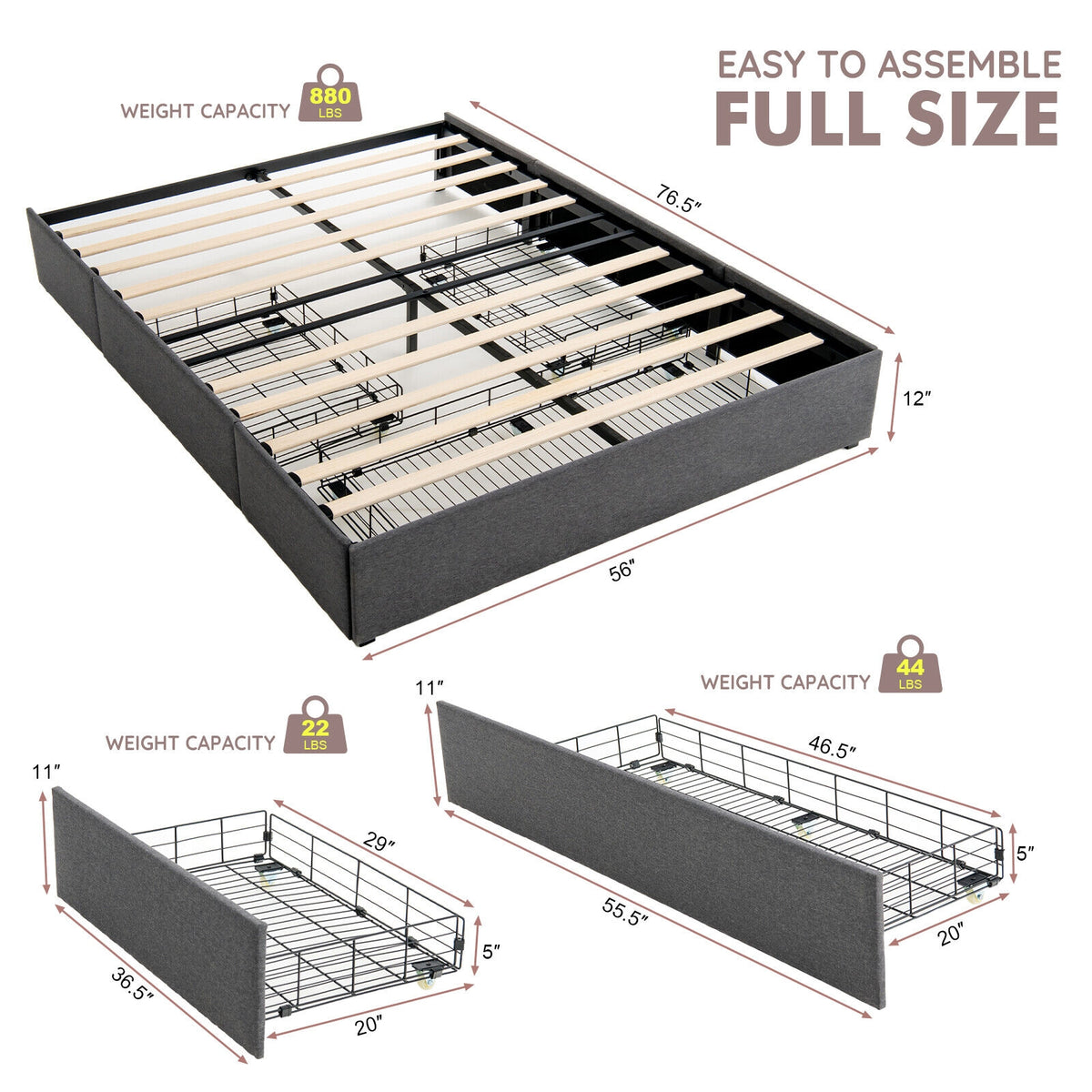 Upholstered Platform Bed Frame with 3 Storage Drawers-Full Size-Simple Bed Frame-DECOROLALA