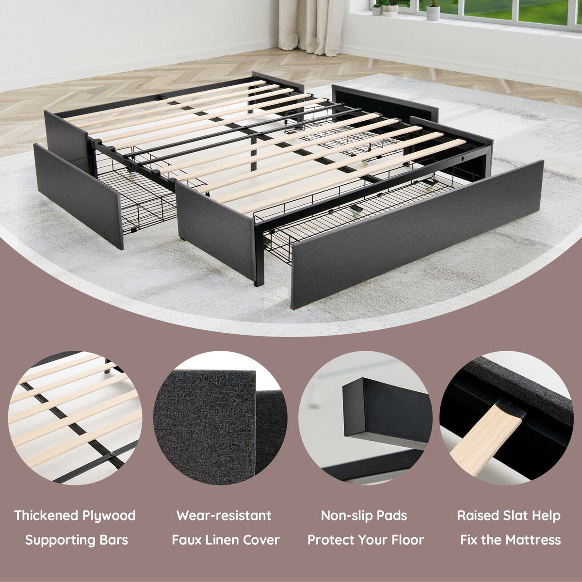 Upholstered Platform Bed Frame with 3 Storage Drawers-Full Size-Simple Bed Frame-DECOROLALA