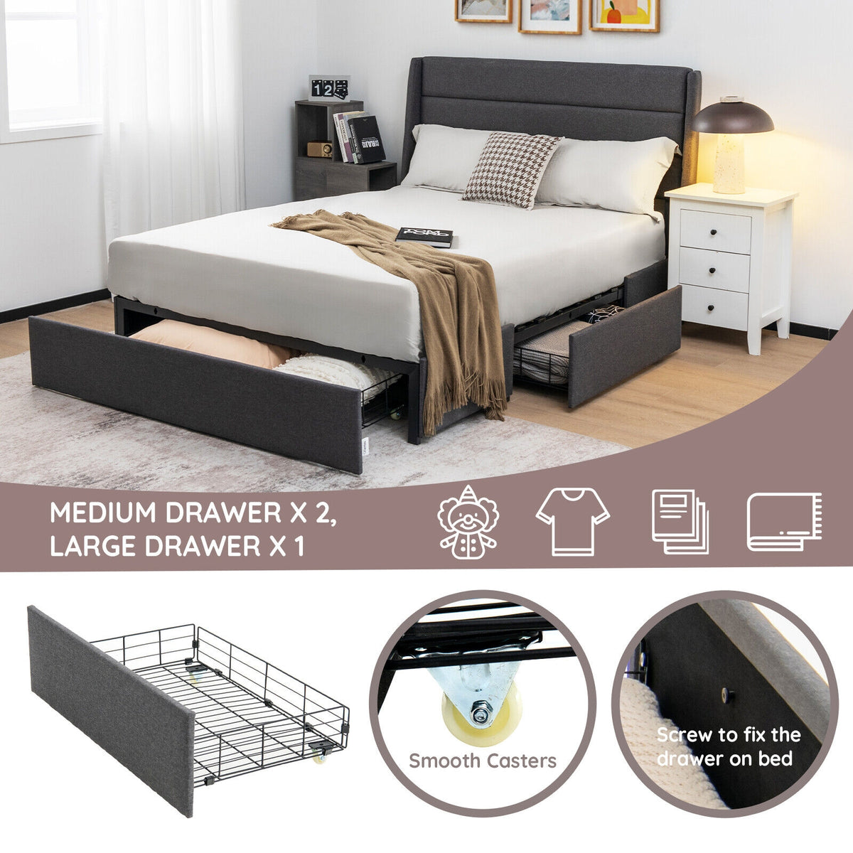 Upholstered Platform Bed Frame with 3 Storage Drawers-Full Size-Simple Bed Frame-DECOROLALA