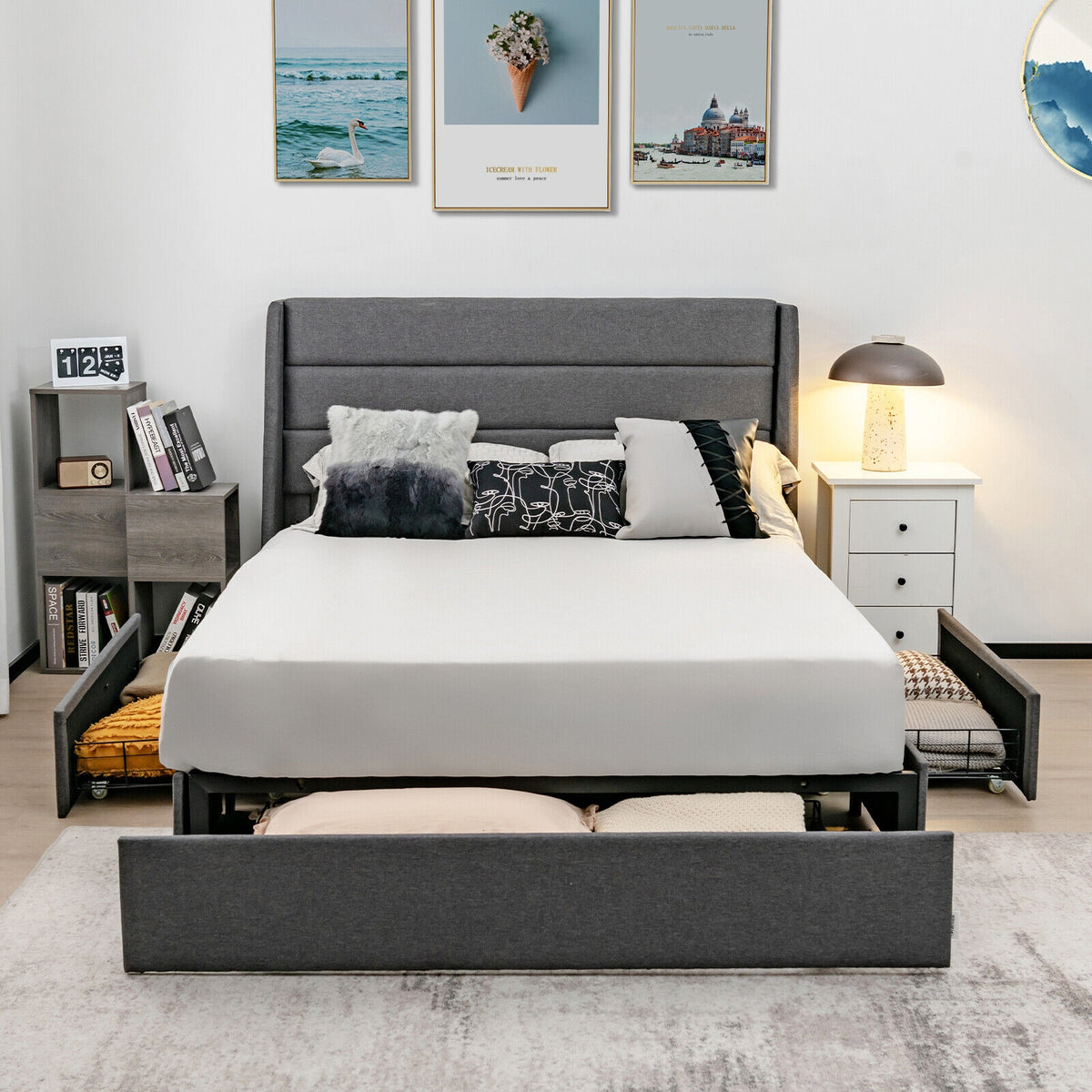 Upholstered Platform Bed Frame with 3 Storage Drawers-Queen Size-Simple Bed Frame-DECOROLALA