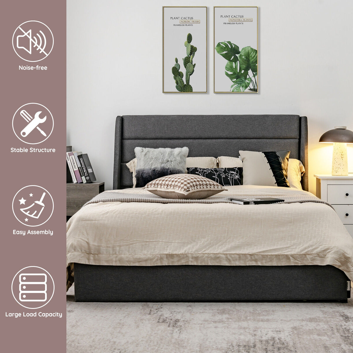 Upholstered Platform Bed Frame with 3 Storage Drawers-Queen Size-Simple Bed Frame-DECOROLALA