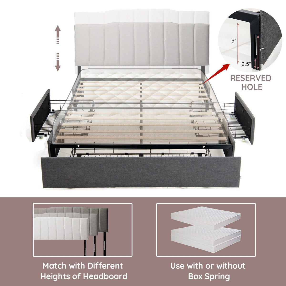 Upholstered Platform Bed Frame with 3 Storage Drawers-Queen Size-Simple Bed Frame-DECOROLALA