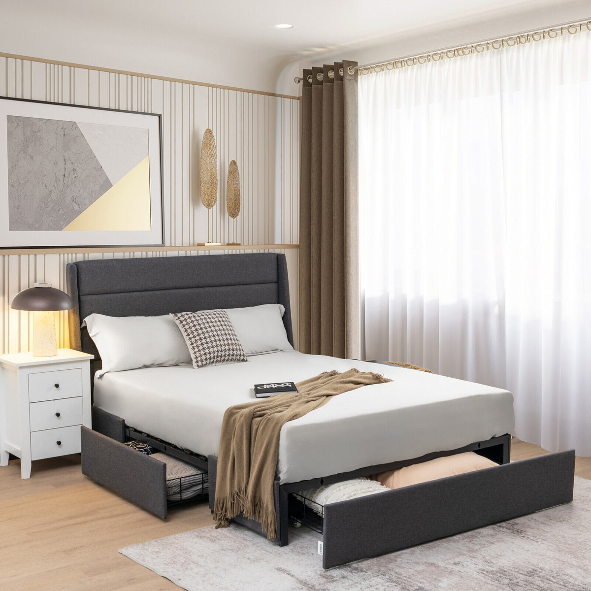 Upholstered Platform Bed Frame with 3 Storage Drawers-Queen Size-Simple Bed Frame-DECOROLALA