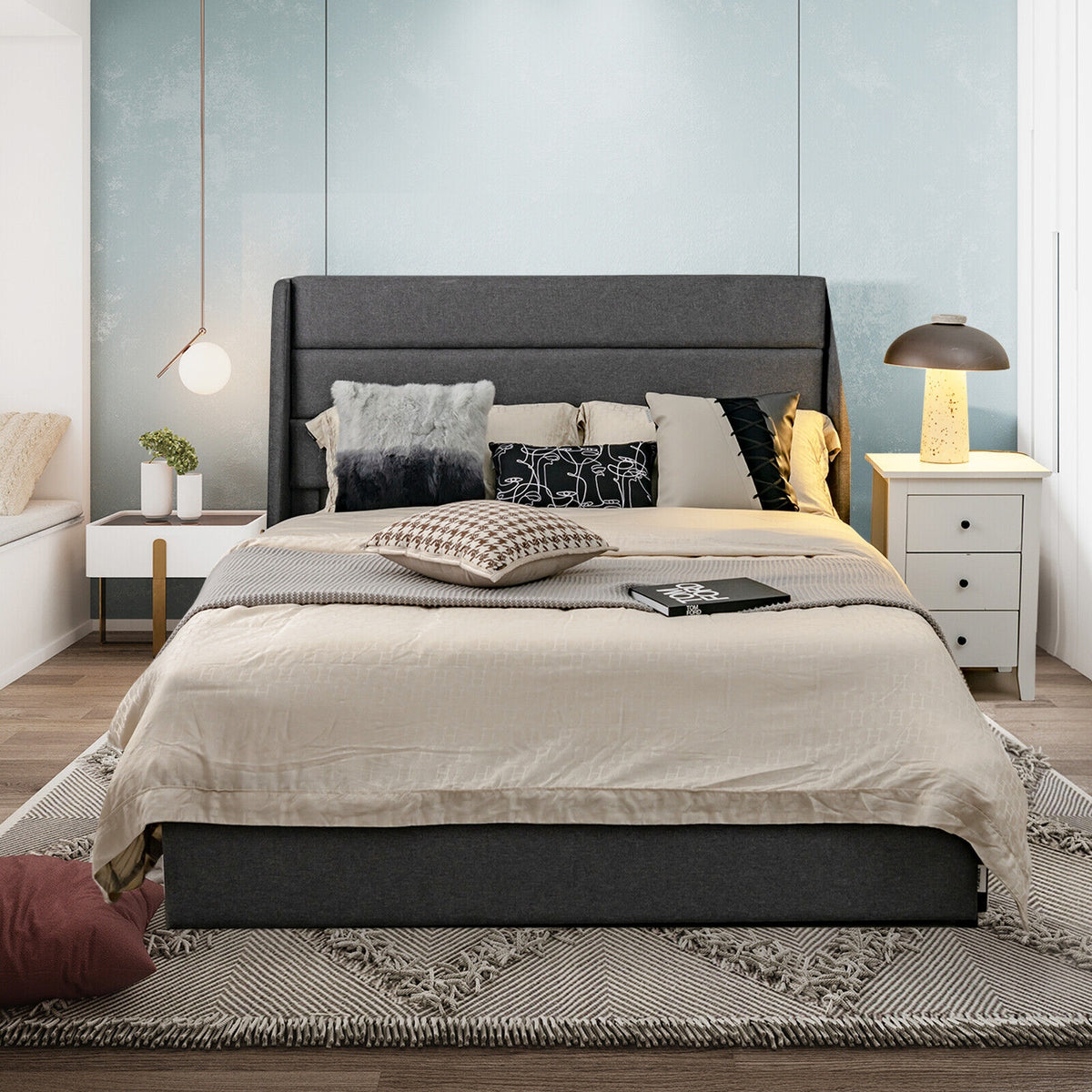 Upholstered Platform Bed Frame with 3 Storage Drawers-Queen Size-Simple Bed Frame-DECOROLALA