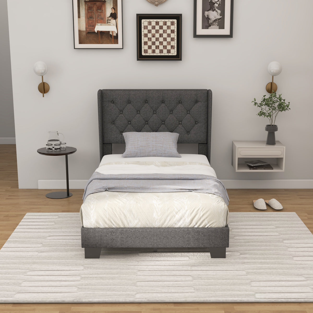 Upholstered Platform Bed with Button Tufted Headboard-Simple Bed Frame-DECOROLALA