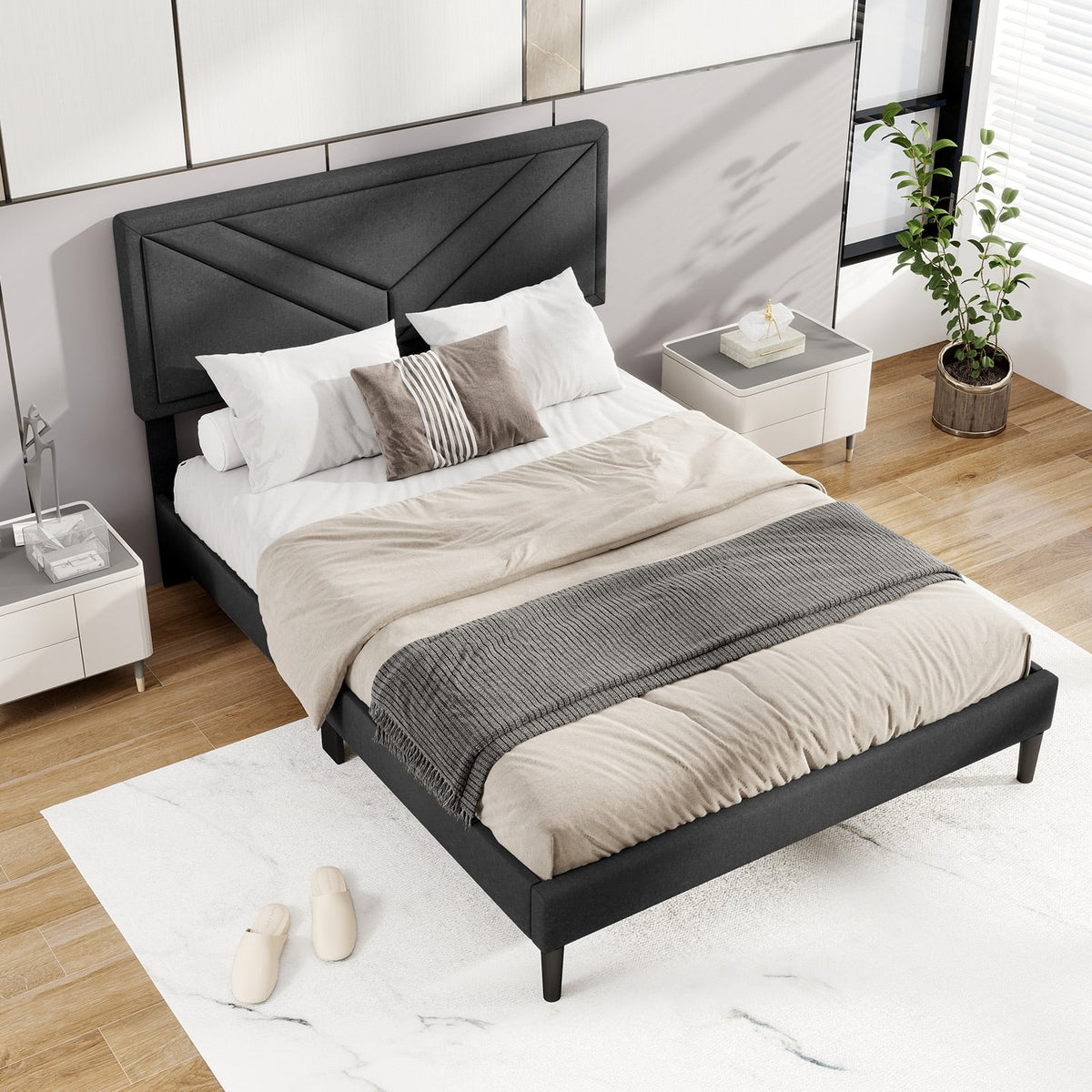 Upholstered Platform Bed with Tufted Headboard and Wooden Slats-Full Size-Simple Bed Frame-DECOROLALA