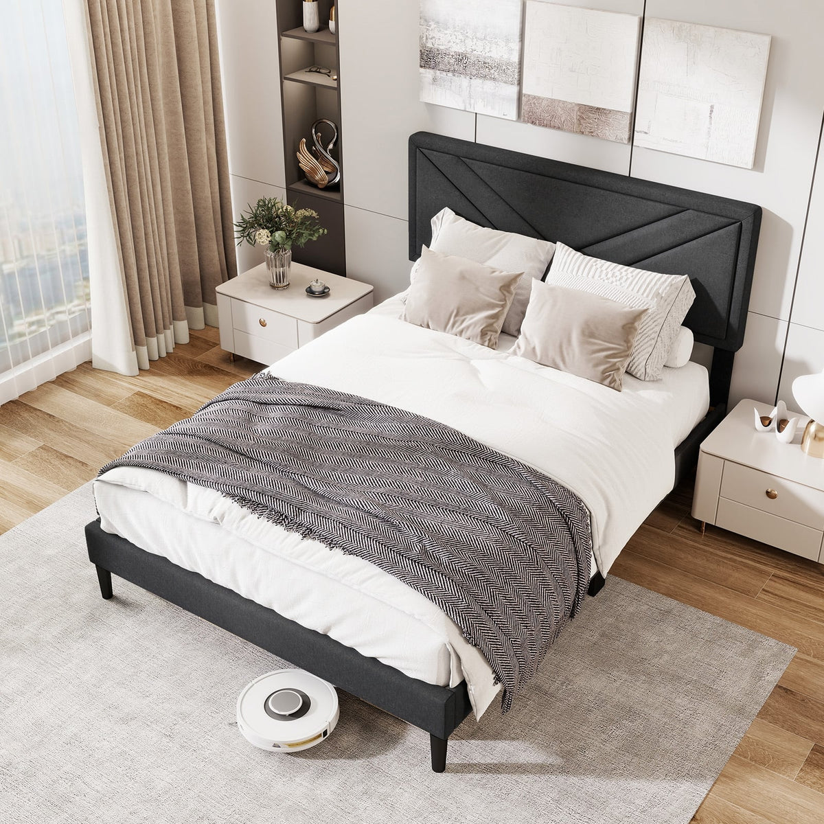 Upholstered Platform Bed with Tufted Headboard and Wooden Slats-Full Size-Simple Bed Frame-DECOROLALA