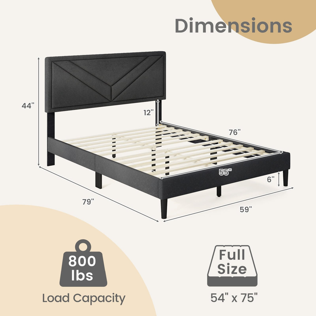 Upholstered Platform Bed with Tufted Headboard and Wooden Slats-Full Size-Simple Bed Frame-DECOROLALA