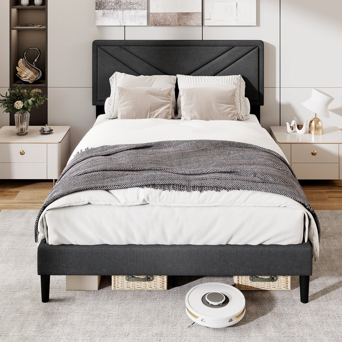 Upholstered Platform Bed with Tufted Headboard and Wooden Slats-Full Size-Simple Bed Frame-DECOROLALA