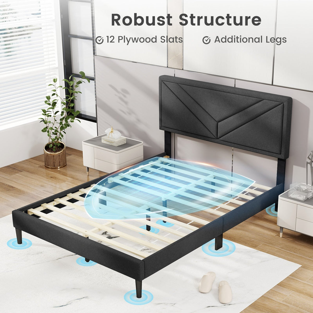 Upholstered Platform Bed with Tufted Headboard and Wooden Slats-Full Size-Simple Bed Frame-DECOROLALA