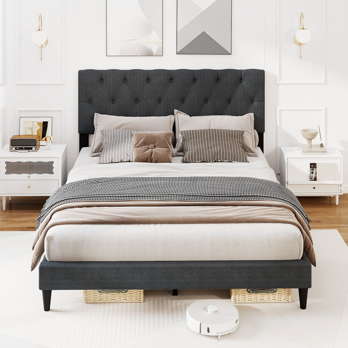 Upholstered Platform Bed with Tufted Headboard and Wooden Slats Gray-Queen Size-Simple Bed Frame-DECOROLALA
