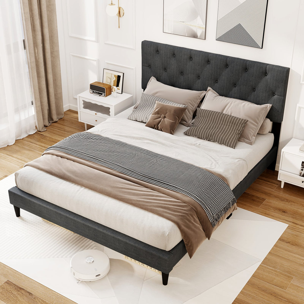 Upholstered Platform Bed with Tufted Headboard and Wooden Slats Gray-Queen Size-Simple Bed Frame-DECOROLALA