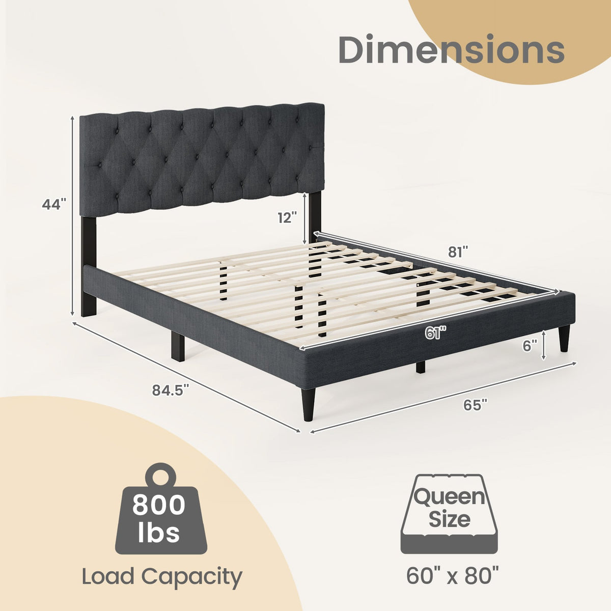 Upholstered Platform Bed with Tufted Headboard and Wooden Slats Gray-Queen Size-Simple Bed Frame-DECOROLALA