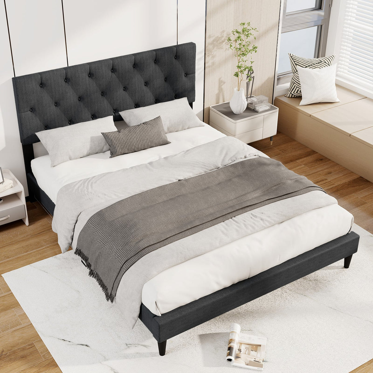 Upholstered Platform Bed with Tufted Headboard and Wooden Slats Gray-Queen Size-Simple Bed Frame-DECOROLALA