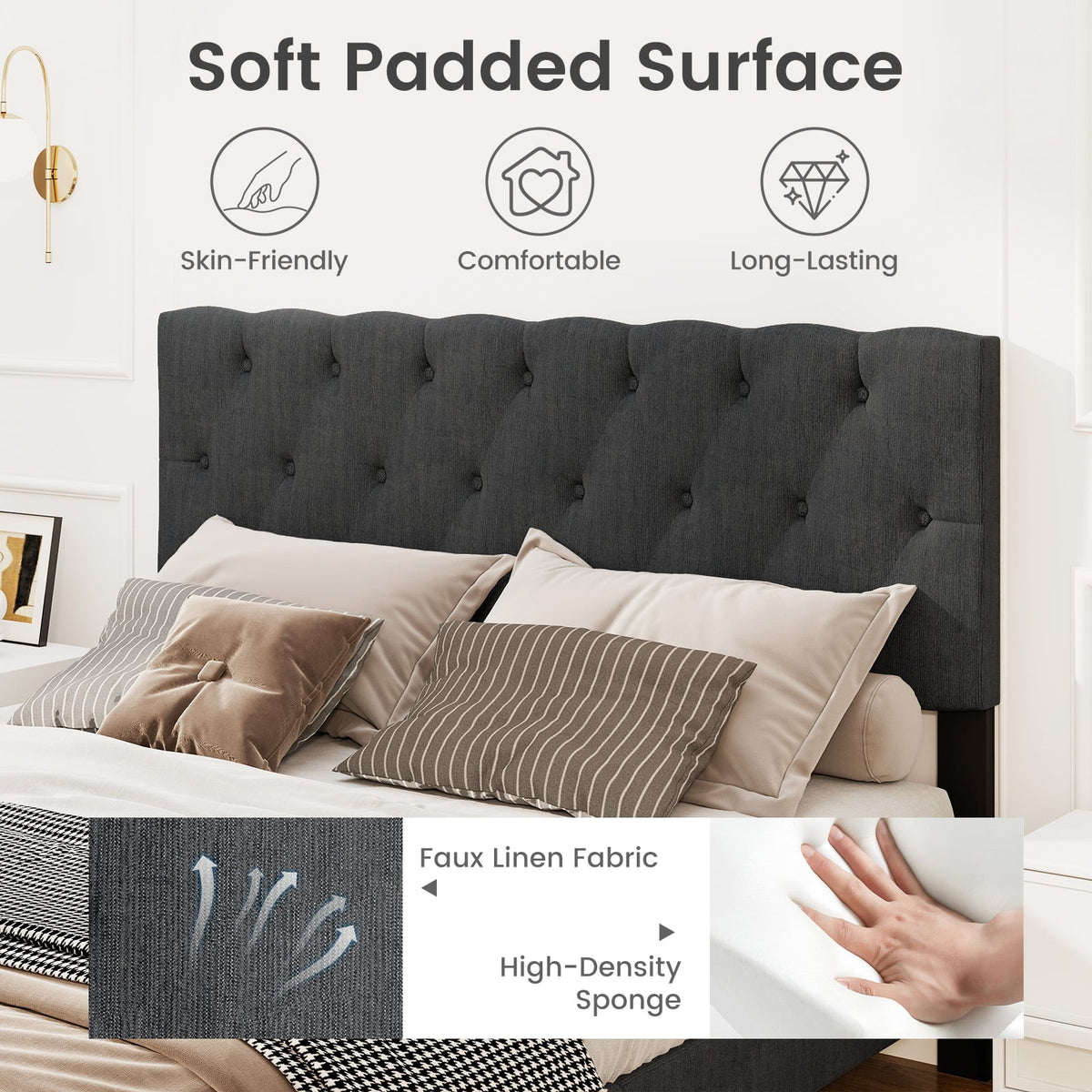 Upholstered Platform Bed with Tufted Headboard and Wooden Slats Gray-Queen Size-Simple Bed Frame-DECOROLALA