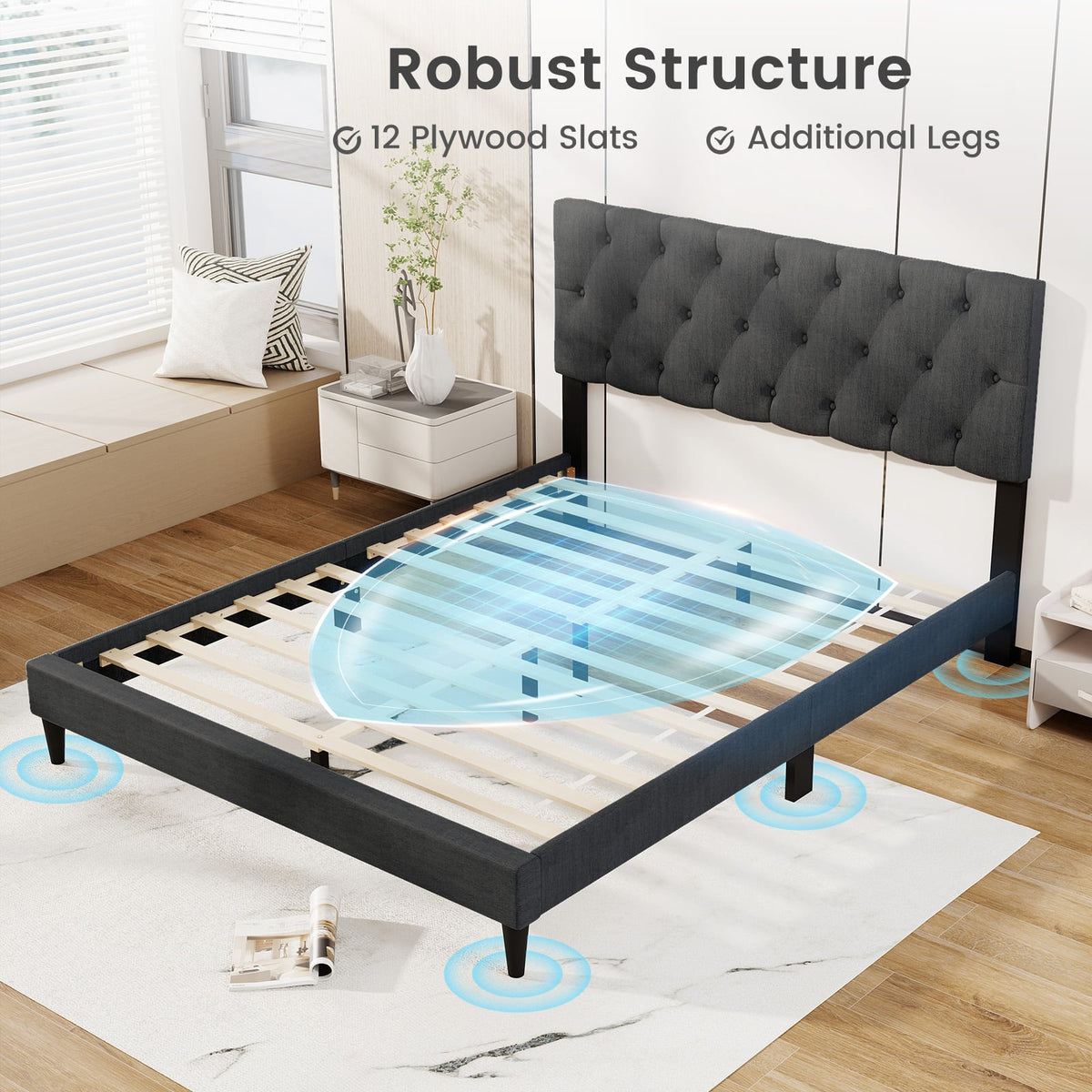 Upholstered Platform Bed with Tufted Headboard and Wooden Slats Gray-Queen Size-Simple Bed Frame-DECOROLALA