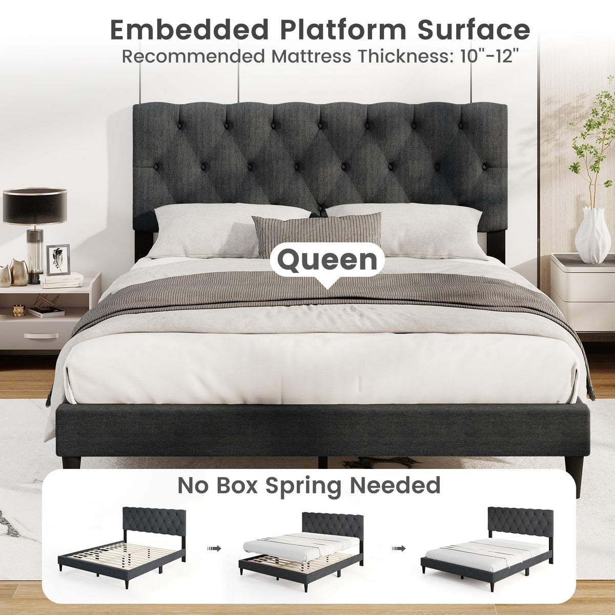 Upholstered Platform Bed with Tufted Headboard and Wooden Slats Gray-Queen Size-Simple Bed Frame-DECOROLALA