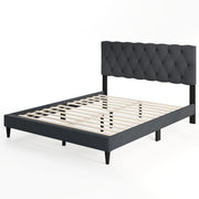 Upholstered Platform Bed with Tufted Headboard and Wooden Slats Gray-Queen Size-Simple Bed Frame-DECOROLALA