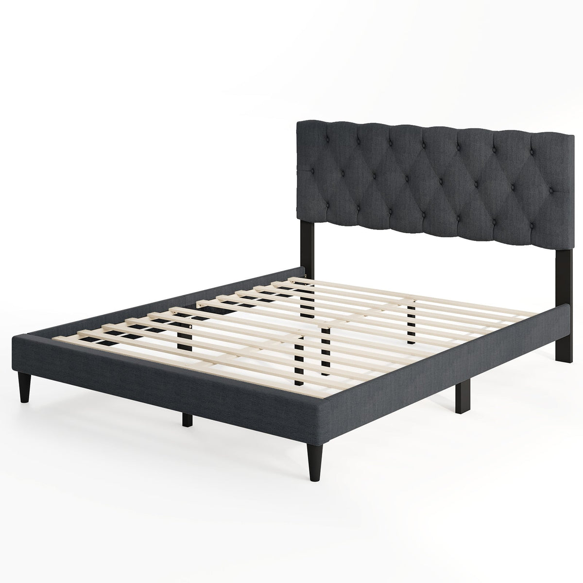 Upholstered Platform Bed with Tufted Headboard and Wooden Slats Gray-Queen Size-Simple Bed Frame-DECOROLALA