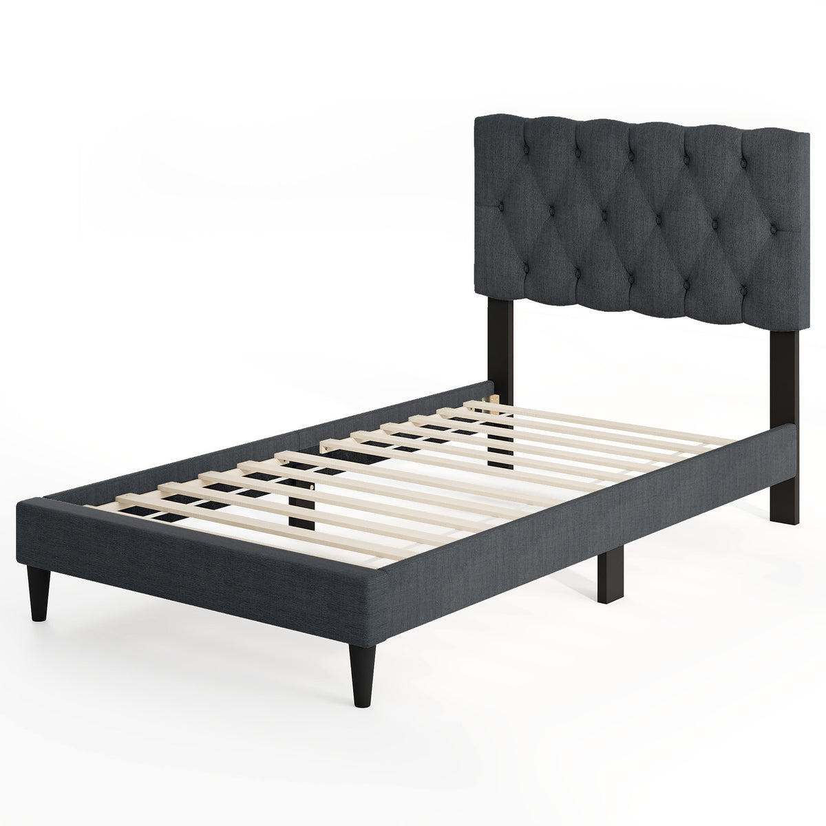 Upholstered Platform Bed with Tufted Headboard and Wooden Slats Gray-Simple Bed Frame-DECOROLALA
