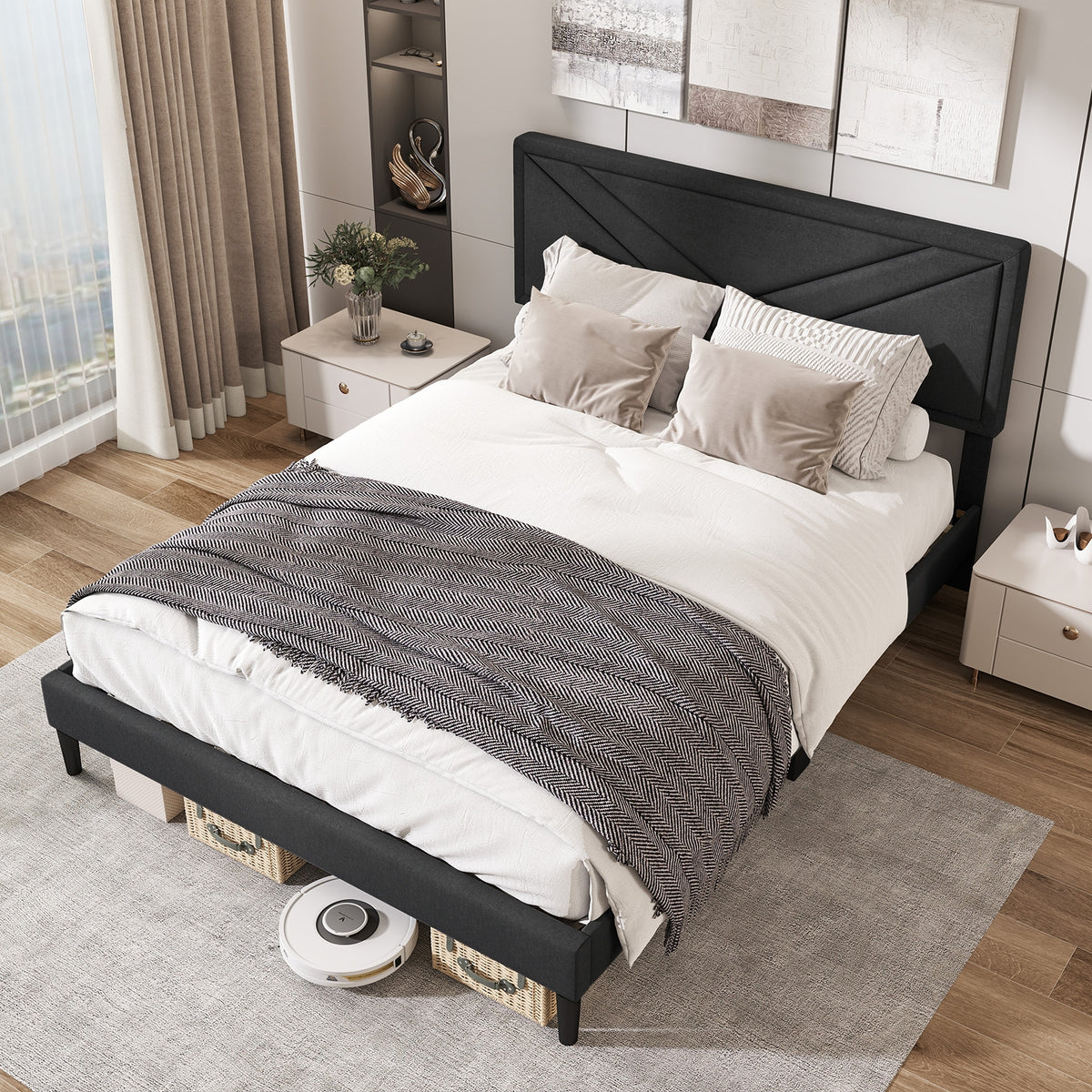 Upholstered Platform Bed with Tufted Headboard and Wooden Slats-Simple Bed Frame-DECOROLALA