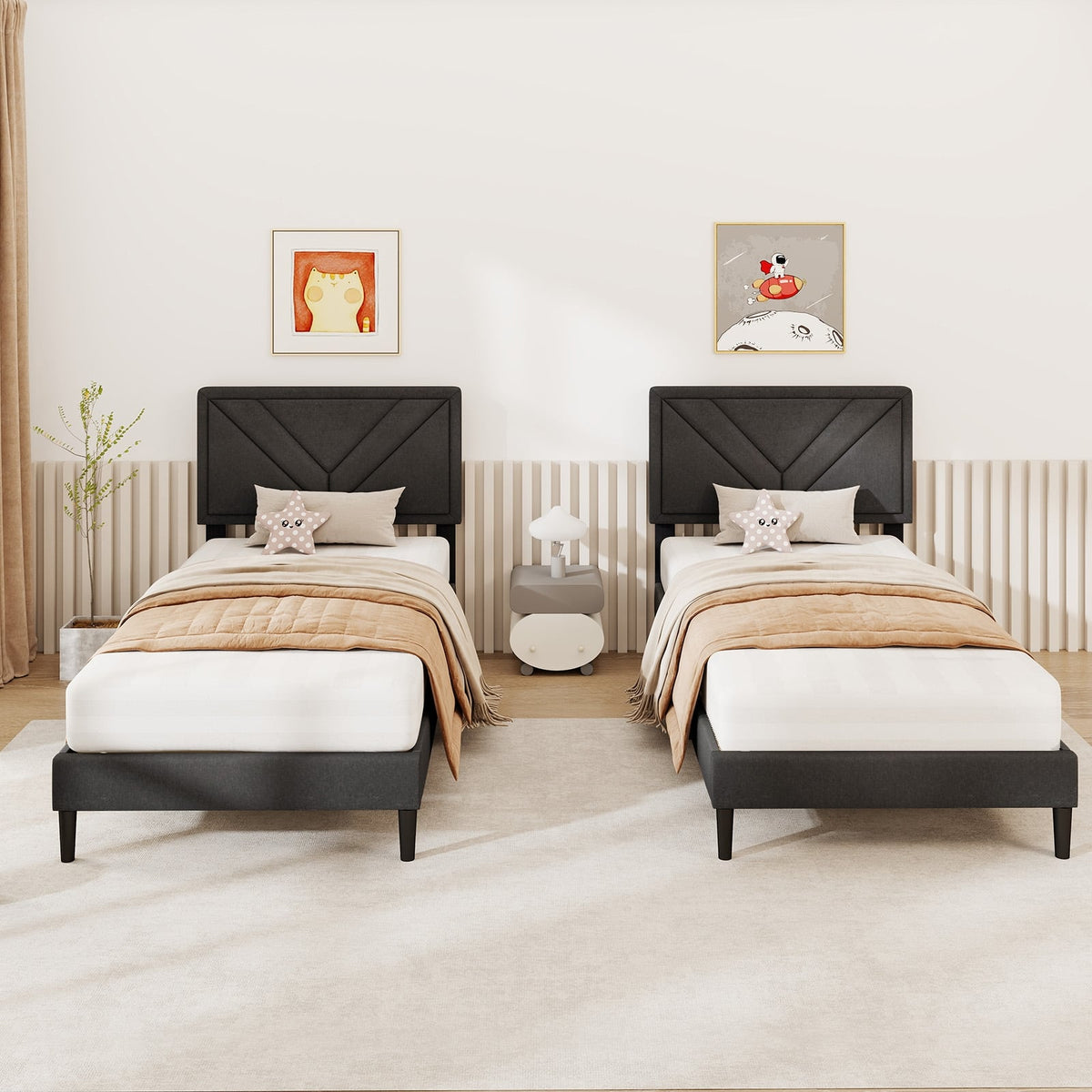 Upholstered Platform Bed with Tufted Headboard and Wooden Slats-Twin Size-Simple Bed Frame-DECOROLALA