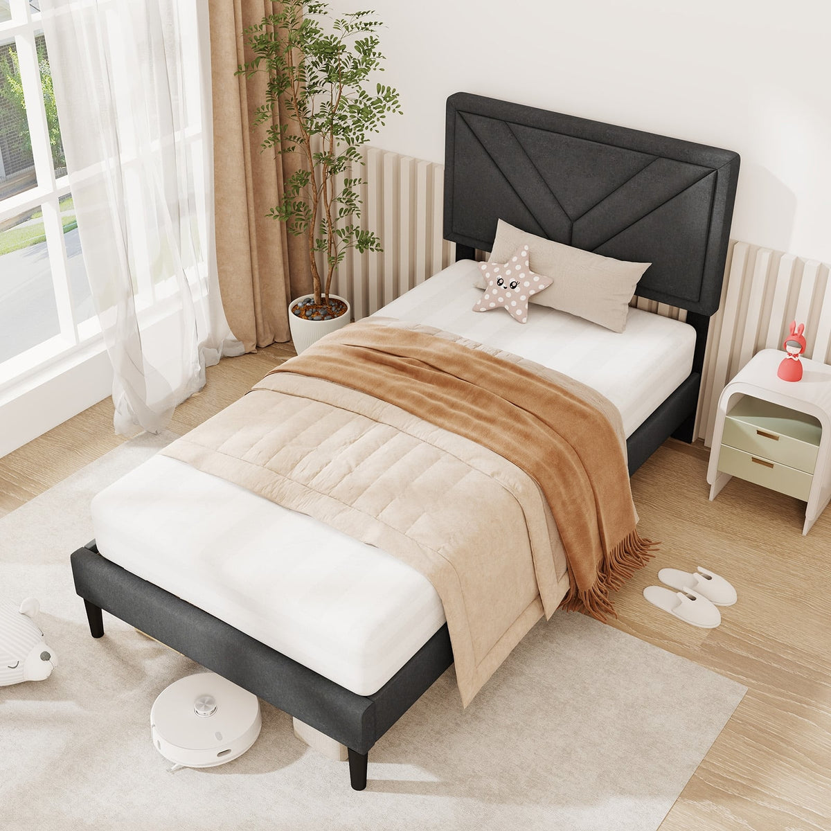 Upholstered Platform Bed with Tufted Headboard and Wooden Slats-Twin Size-Simple Bed Frame-DECOROLALA