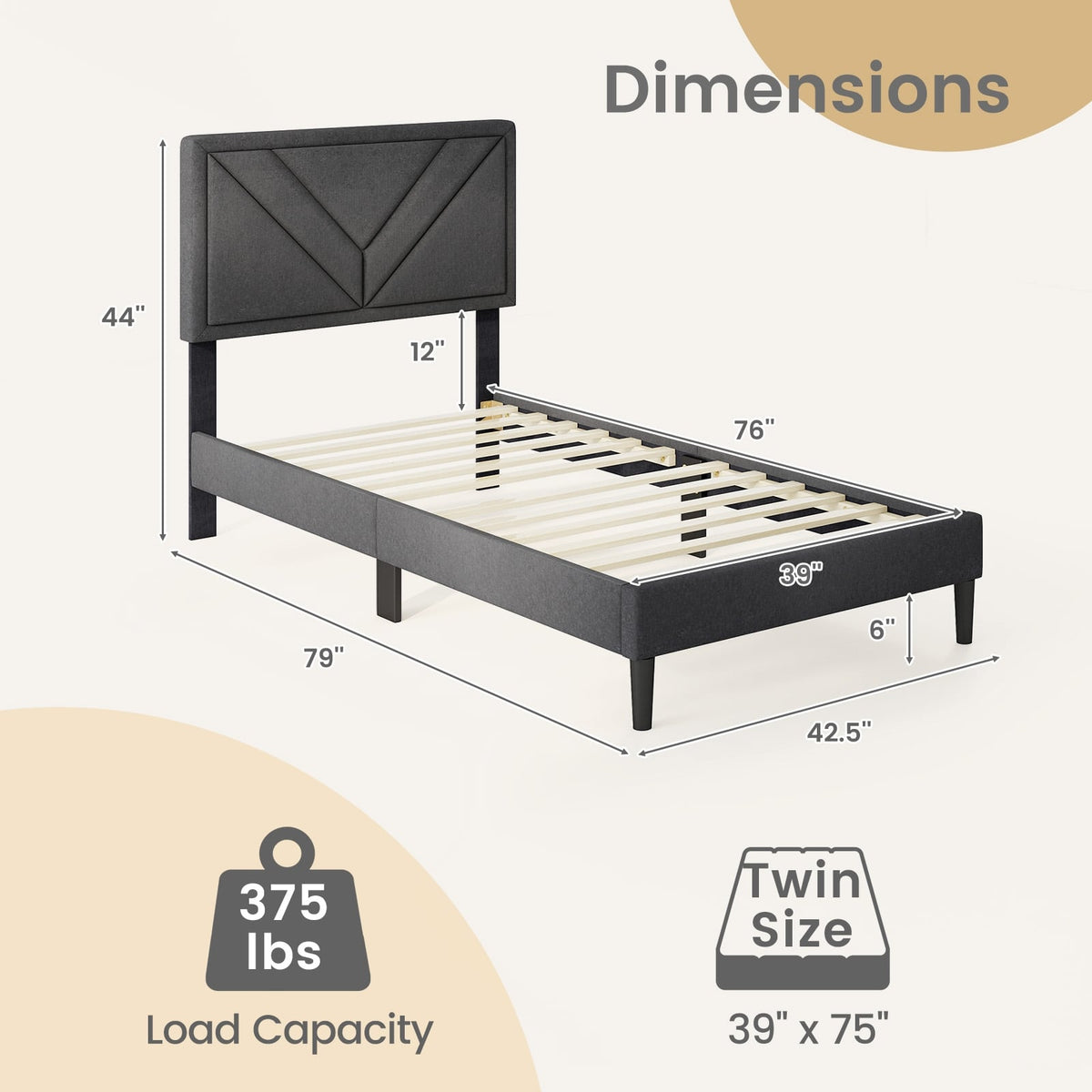 Upholstered Platform Bed with Tufted Headboard and Wooden Slats-Twin Size-Simple Bed Frame-DECOROLALA