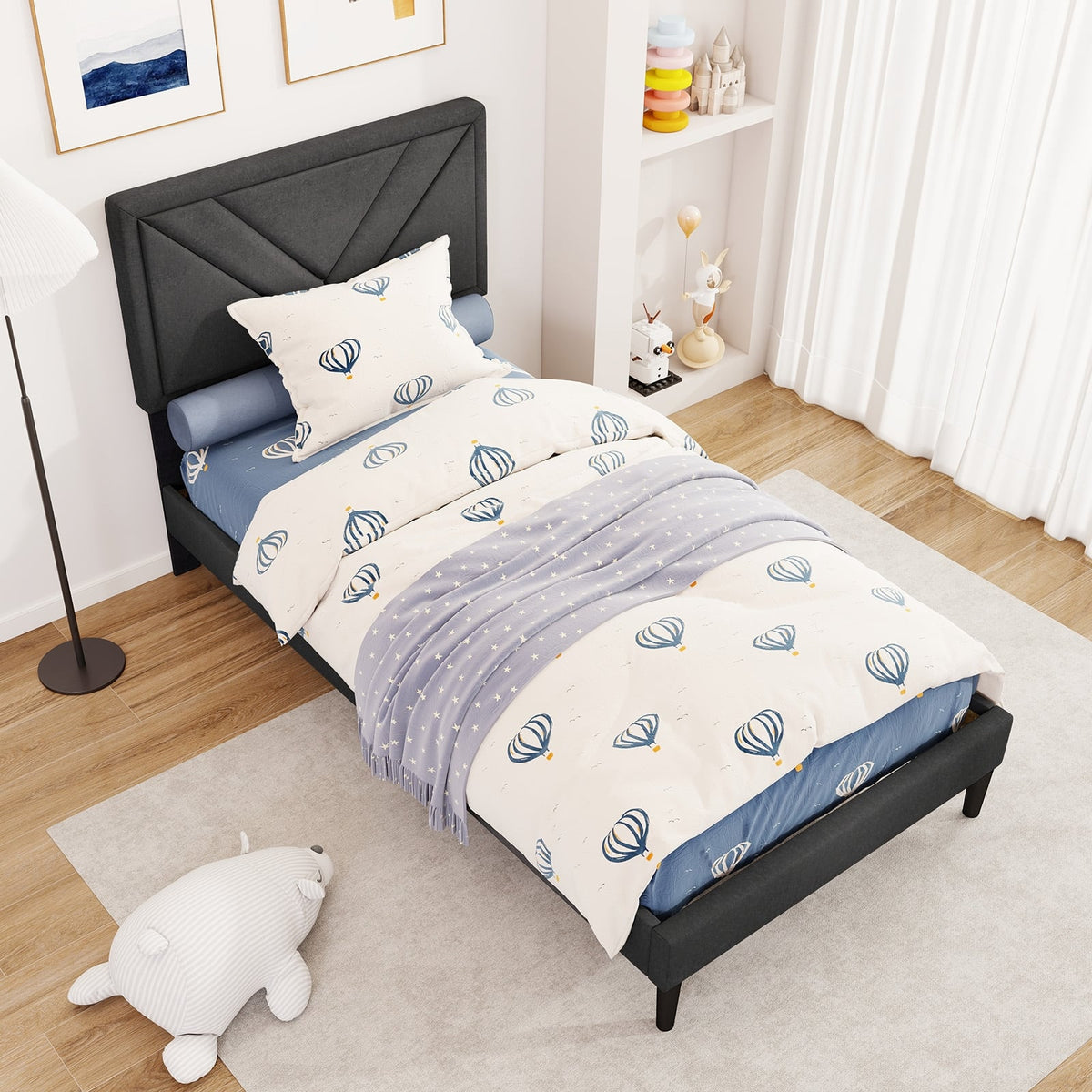 Upholstered Platform Bed with Tufted Headboard and Wooden Slats-Twin Size-Simple Bed Frame-DECOROLALA
