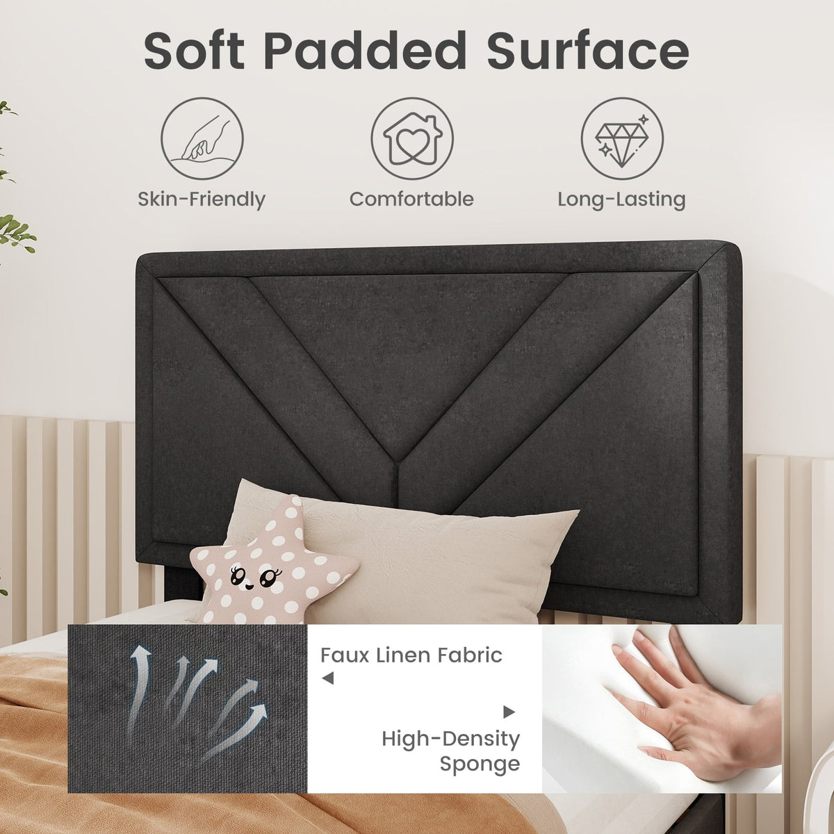 Upholstered Platform Bed with Tufted Headboard and Wooden Slats-Twin Size-Simple Bed Frame-DECOROLALA
