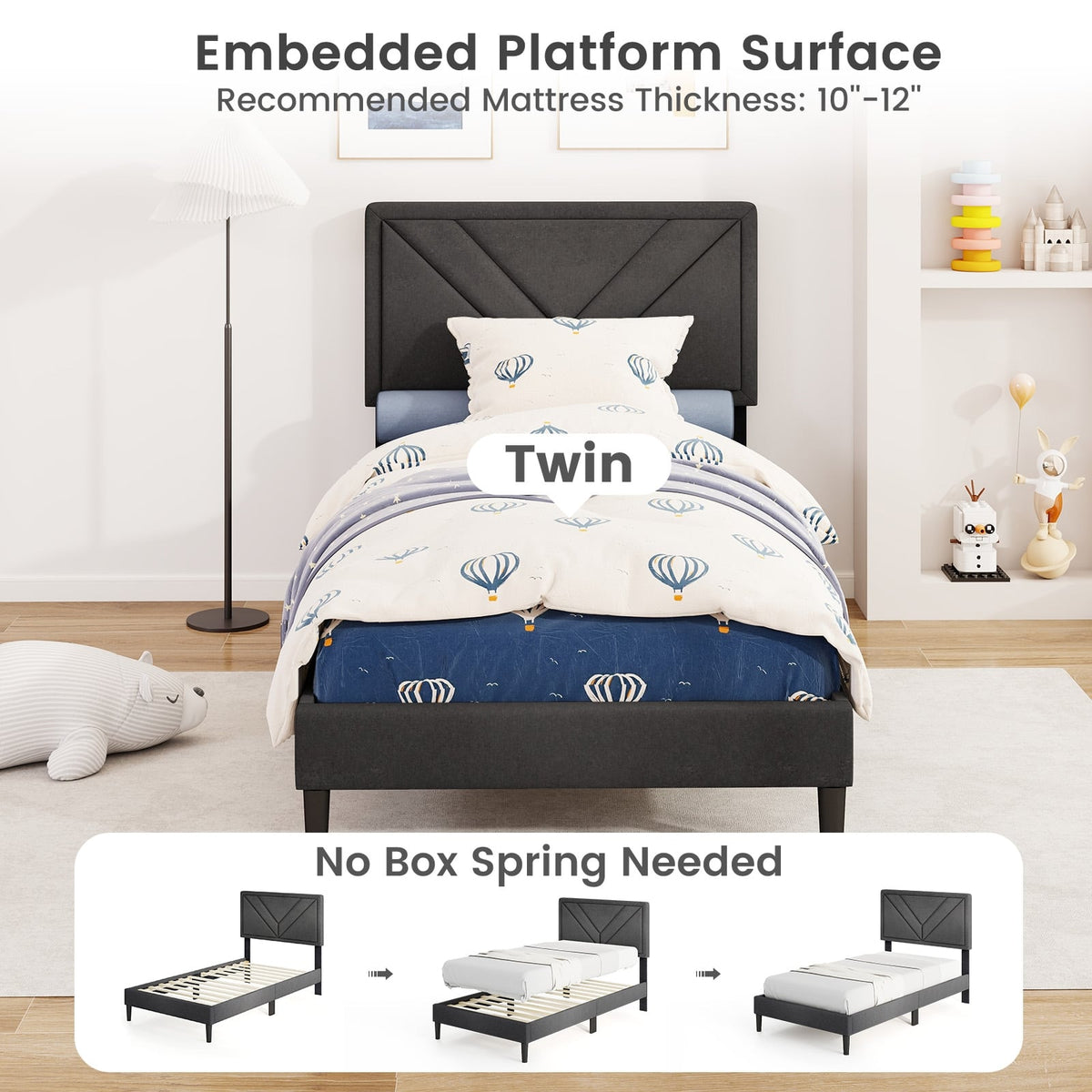 Upholstered Platform Bed with Tufted Headboard and Wooden Slats-Twin Size-Simple Bed Frame-DECOROLALA