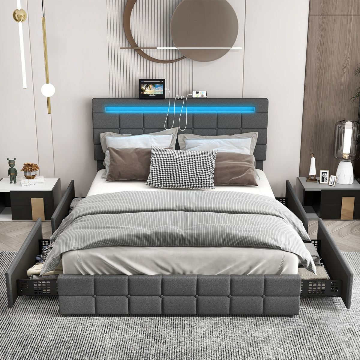 Upholstered Queen LED Bed Frame with Headboard and 4 Drawers-Queen Size-Simple Bed Frame-DECOROLALA