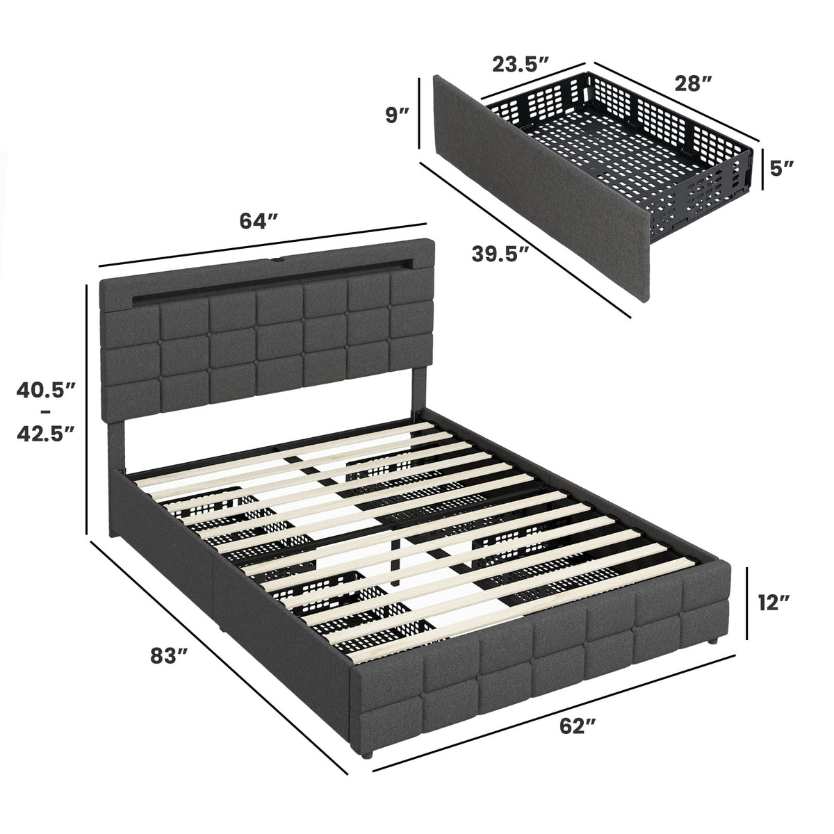 Upholstered Queen LED Bed Frame with Headboard and 4 Drawers-Queen Size-Simple Bed Frame-DECOROLALA
