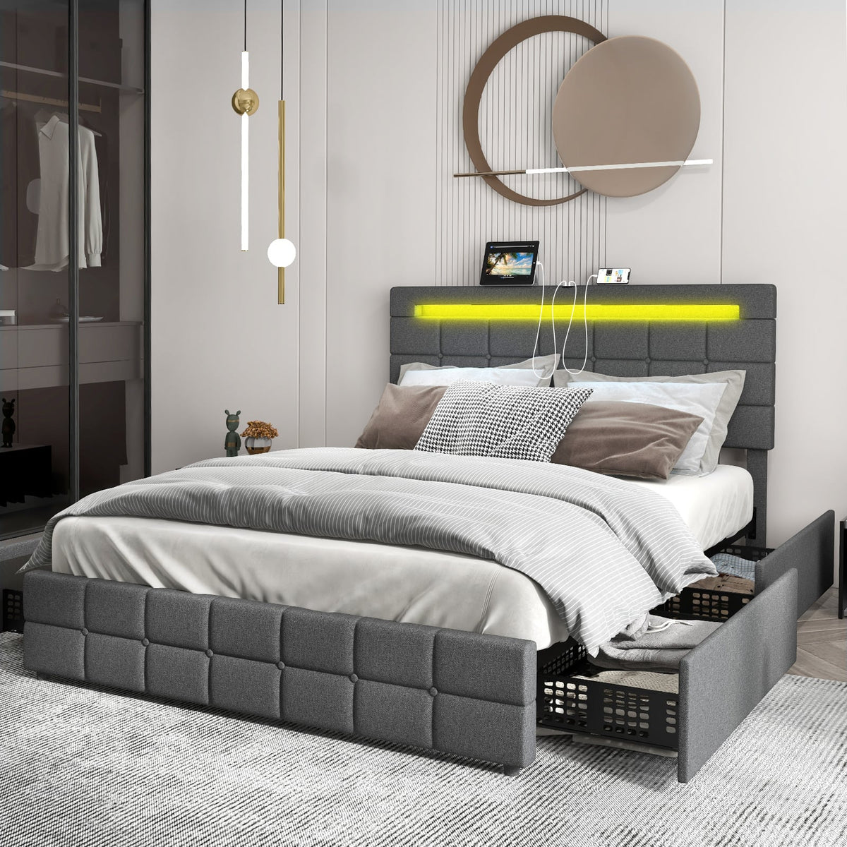 Upholstered Queen LED Bed Frame with Headboard and 4 Drawers-Queen Size-Simple Bed Frame-DECOROLALA